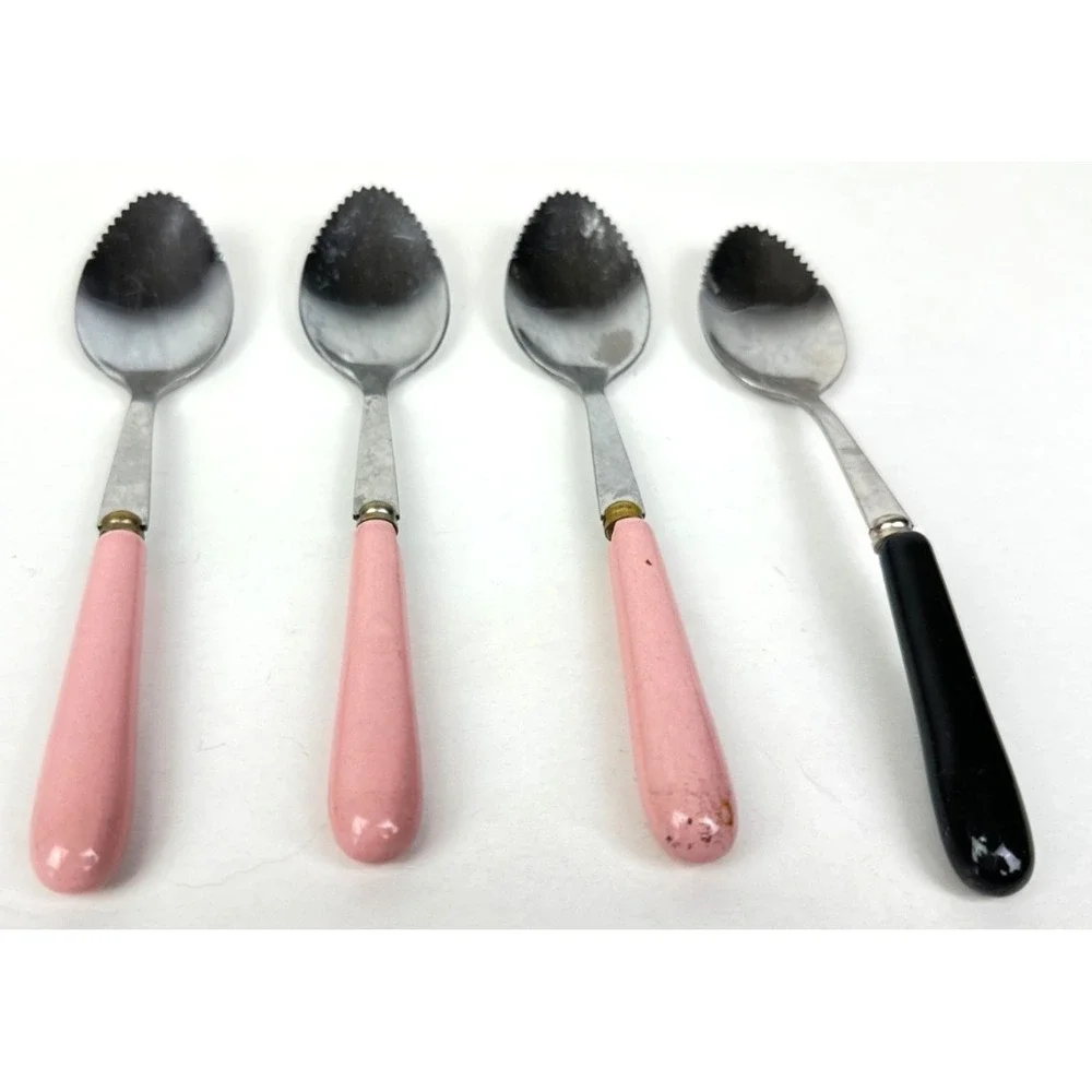 4 Vtg Grapefruit Spoons 3 w Pink Handles & 1 w Black Handle Stainless Steel